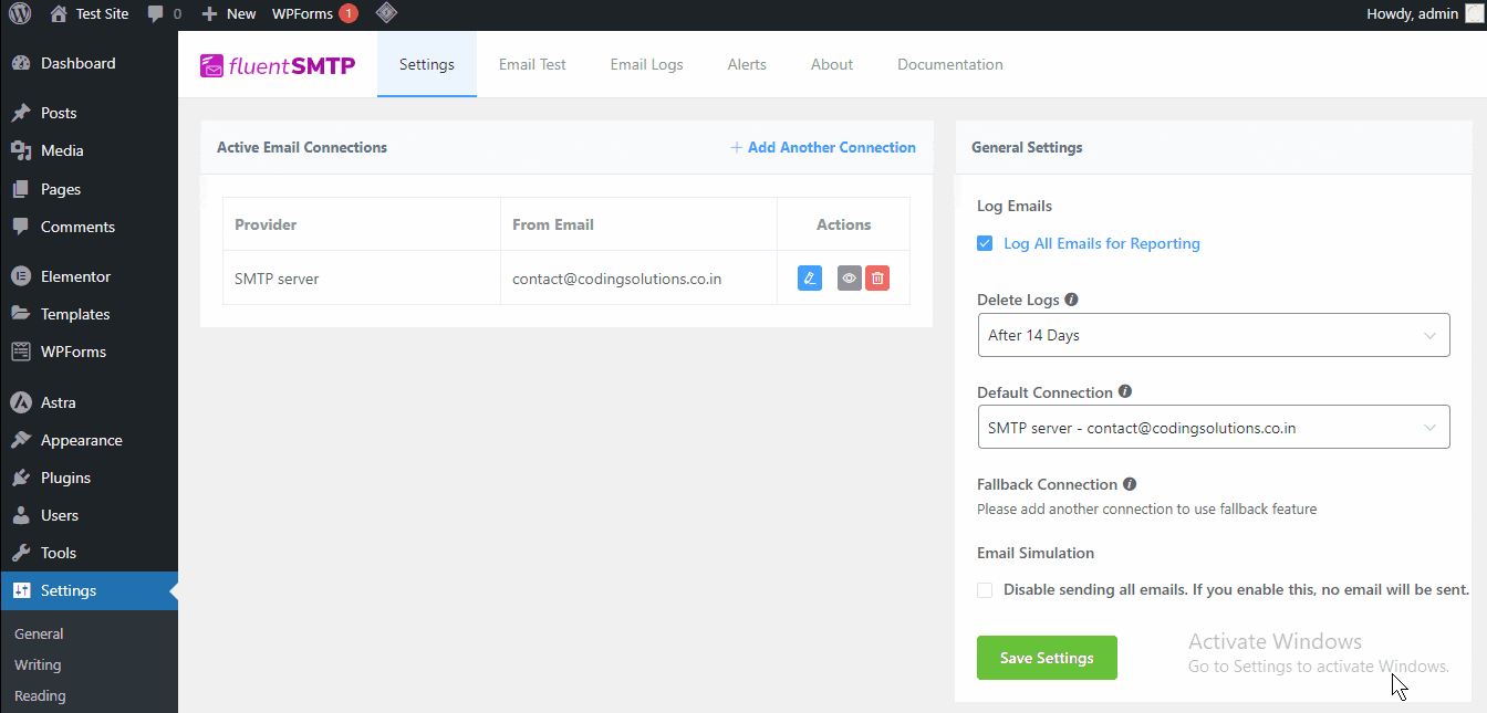 Sending test email on FluentSMTP plugin